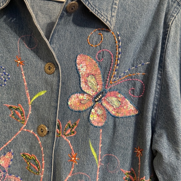 Vintage Cottagecore Embroidered Denim Jacket Butterfly Floral Small - Picture 10 of 16